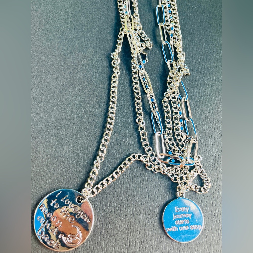 💕 Engraved Message & Cameo Charm Layered Link Chain Necklace in Silvertone - Picture 7 of 7